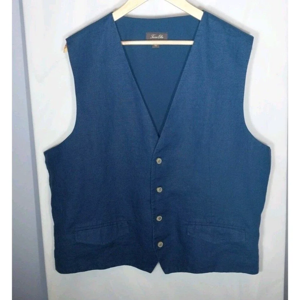 Tasso Elba Men's Linen Suit Vest XXL Blue Button Front Adjustable Back Waistcoat